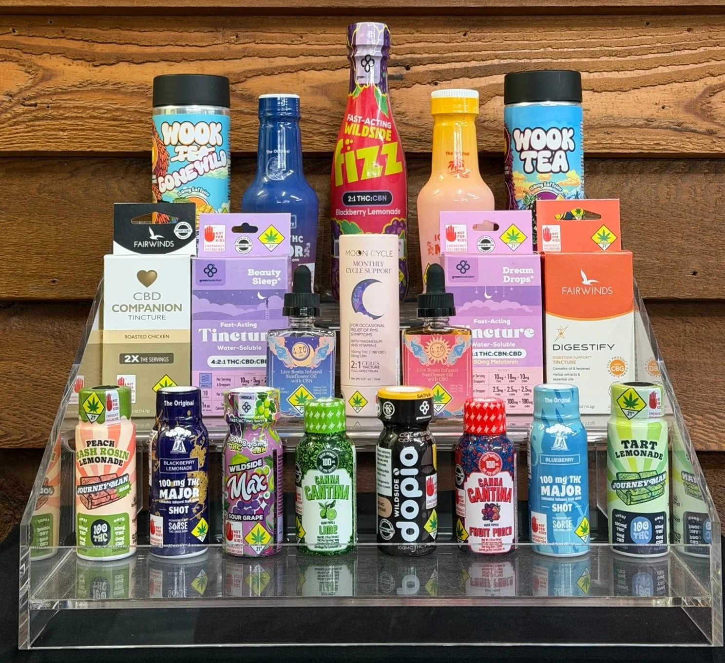 Cannabis drinks, shots and tinctures on display at Crystal Leaves in Spokane