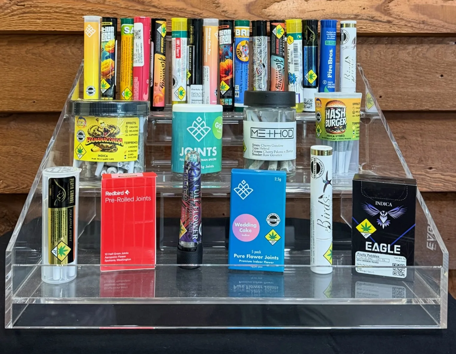 Pre-roll packs and tubes on display at Crystal Leaves in Spokane