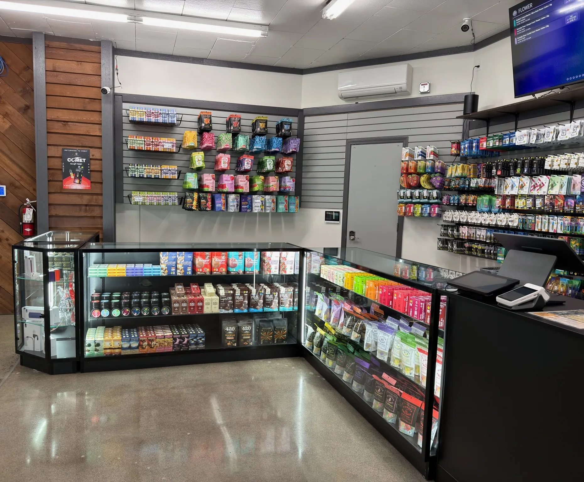 Corner display cases by the register at Crystal Leaves in Spokane